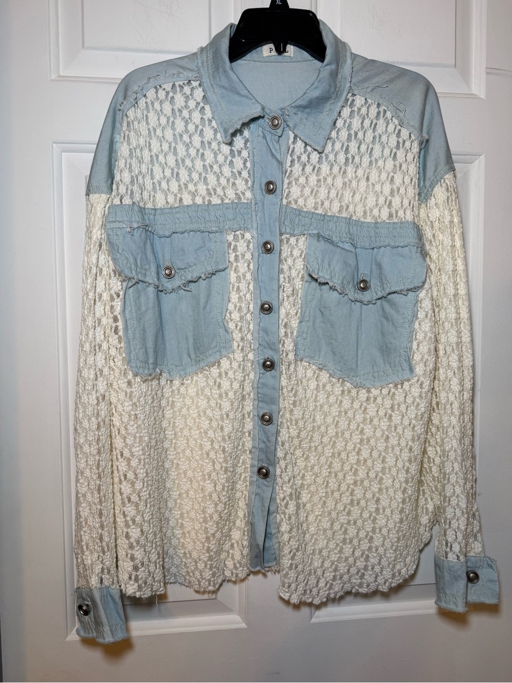 POL Floral Lace & Denim Shacket Blouse Sz 3X? Stretch Pockets Collared Preppy